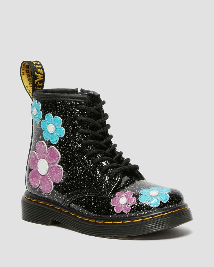 Dr Martens Kids Toddler 1460 Glitter Patent Leather Lace Up Boots Black - 10632ZFMC